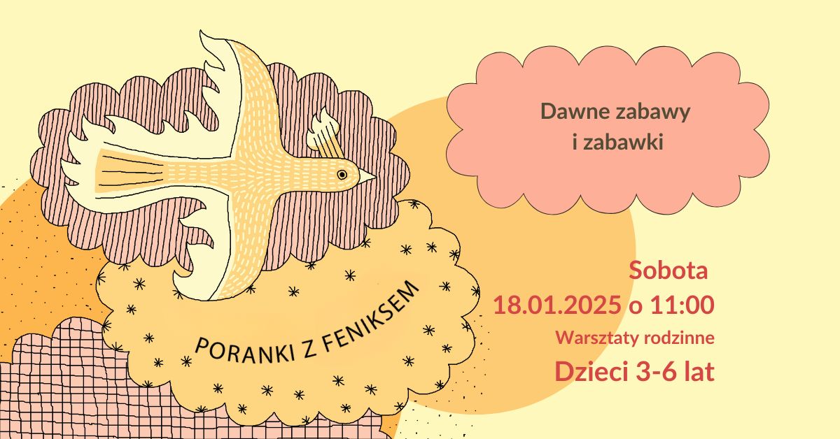 Grafika utrzymana w stonowanych kolorach- beżu, brązu i pudrowego różu. Po lewej stronie lecący Feniks, pod nim napis Poranki z Feniksem. Po prawej stronie napis w chmurce- Zagadki archeologiczne. Pod chmurką informacje o dacie i godzinie warsztatów