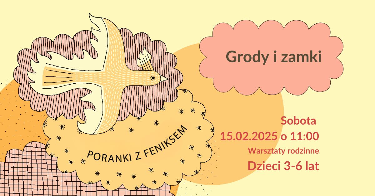 Grafika utrzymana w stonowanych kolorach- beżu, brązu i pudrowego różu. Po lewej stronie lecący Feniks, pod nim napis Poranki z Feniksem. Po prawej stronie napis w chmurce- Zagadki archeologiczne. Pod chmurką informacje o dacie i godzinie warsztatów