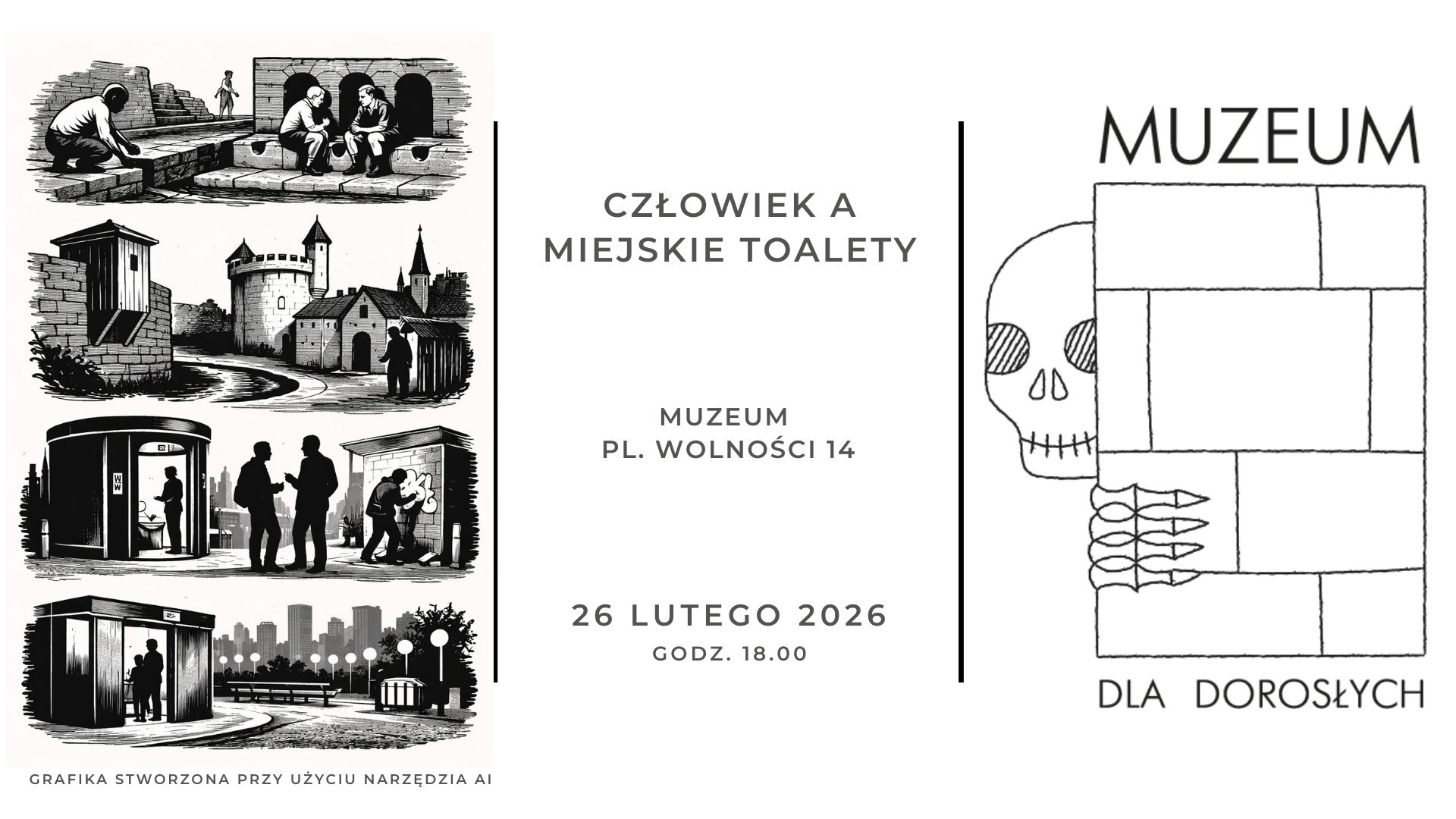 Grafika dekoracyjna z informacjami o wydarzeniu. Człowiek a miejskie toalety, Muzeum Pl. Wolności 14, 26 lutego 2026. 