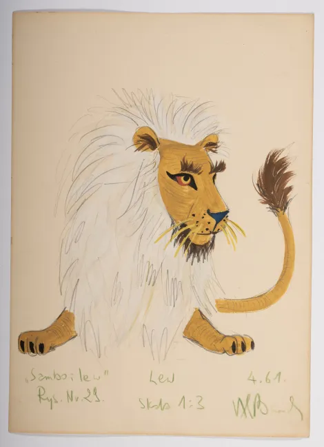 Lew - Projekt lwa z bujną białą grzywą.