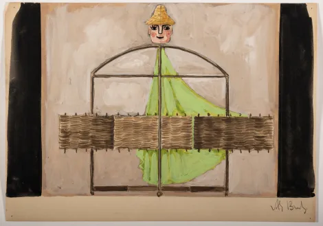 Postać męska w zielonej szacie – Projekt postaci męskiej w żółtym kapeluszu i zielonej szacie, przed nią wieszaka na kółkach z trzema poziomymi, wiklinowymi brązowymi prostokątami