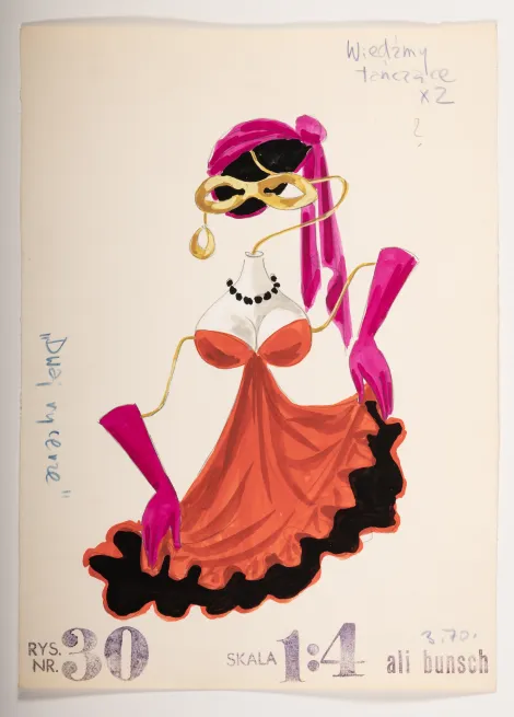 Wiedźmy tańczące – Projekt postaci o kobiecej sylwetce z ciemnoróżową chustą i rękawiczkami, złotą maską, czarnym naszyjnikiem i czerwoną sukienką.