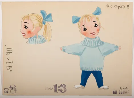 Dziewczynka II – Projekt dziewczynki o jasnych włosach upiętych z tyłu w kitkę niebieską wstążką, ubrana w błękitny sweter, niebieskie spodnie i białe buty. Brak dłoni.