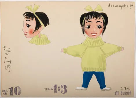 Dziewczynka IV – Projekt dziewczynki o czarnych włosach dłuższych z przodu i krótszych z tyłu z jasnozieloną opaską z kokardą, ubrana w jasnozielony sweter, niebieskie spodnie i białe buty. Brak dłoni.