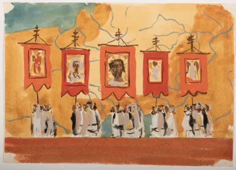 Tłum z chorągwiami – Projekt mapy Europy na której tle namalowano pięć grup ludzi idących z chorągwiami.