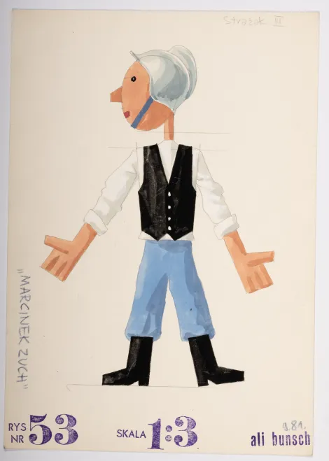 Strażak III – Projekt młodego mężczyzny w strażackim hełmie, z głową zwróconą w lewą stronę, w białej koszuli, czarnej kamizelce, niebieskich spodniach i czarnych butach.