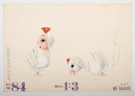 Kurki – Projekt dwóch zwrócone do siebie białych kur: kura po lewej stronie w pozycji pionowej z głową kobiety zwróconą w lewą stronę; kura po prawej pochylona w pozycji dziobania.