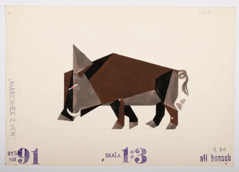 Dzik – Projekt zgeometryzowanego, czarnobrązowego dzika o małym, różowym oku