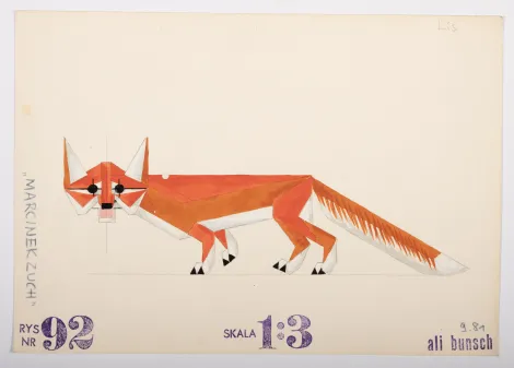 Lis – Projekt zgeometryzowanego, czerwono-pomarańczowego lisa z otwartym pyskiem