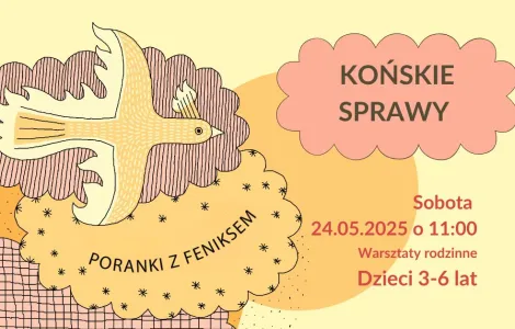 Grafika utrzymana w stonowanych kolorach- beżu, brązu i pudrowego różu. Po lewej stronie lecący Feniks, pod nim napis Poranki z Feniksem. Po prawej stronie napis w chmurce- Końskie sprawy. Pod chmurką informacje o dacie i godzinie warsztatów.