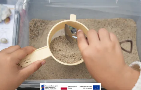 Zbliżenie na plastikowy pojemnik wypełniony piaskiem, w którym znajduje się sitko, przez które dziecko podczas warsztatów przesiewa piasek w poszukiwaniu skarbów. 