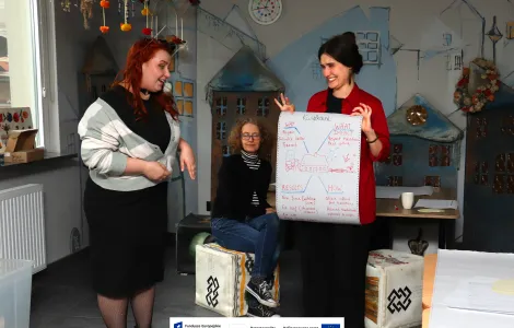 Trzy kobiety znajdują się w sali edukacyjnej . Dwie stoją, a jedna siedzi na kostce. Kobieta po prawej, ubrana w czerwoną koszulę, trzyma dużą kartkę z rysunkiem domu oraz notatkami w języku angielskim, podzielonymi na sekcje (np. „Why”, „What”, „How”, „Results”). Kobieta po lewej, z rudymi włosami i w swetrze, gestykuluje podczas rozmowy. Siedząca pośrodku kobieta w okularach uśmiecha się. W tle widoczna jest dekoracyjna ściana z malowanymi domkami, zegar oraz wiszące ozdoby. Na dole widoczne logotypy Rzec